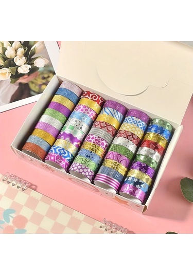 Honeybeeshop 50 Adet Çok Renkli Altın Tozlu Simli Bant Dıy El Yapımı Süsleme Etiketleri