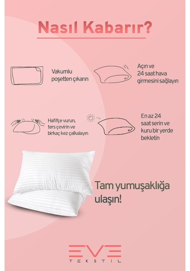 Eve Tekstil 2 Adet Çizgili Saten Fermuarlı Antialerjik Yıkanabilir Silikon Elyaf Yüksek Dolgulu Yastık 900 Gr Beyaz