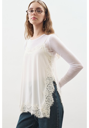 Dantel Şeritli Askılı Bluz Ekru Ekru