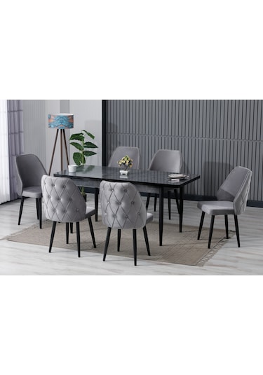 Cora Serisi Siyah Mermer Desenli Mutfak Masa Takımı Gri