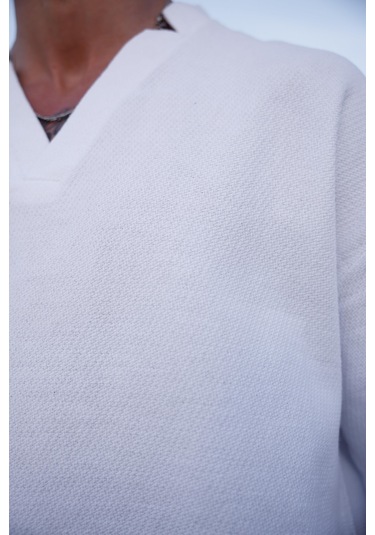 Beyaz Renk V Yaka Gömlek Şort Erkek Yıkamalı Keten Takım-1740 Beyaz