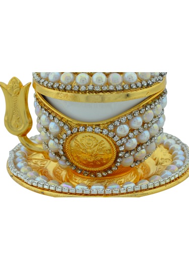 Taşlı Incili Osmanlı Tuğralı Altın Renk Kahve Fincanı