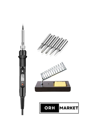 80W LCD Lehim Havya Seti – Sıcaklık Ayarlı, Seramik Rezistörlü + Metal Stand ve 5 Uç Dahil
