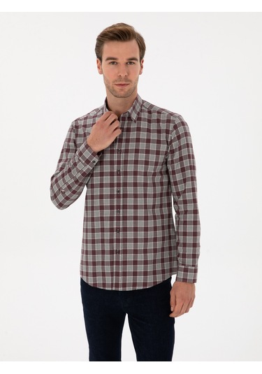 Cacharel Bordo Slim Fit %100 Pamuk Kareli Gömlek Kırmızı