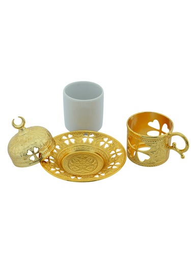 Yonca Desenli 6 Kişilik Porselenli Kapaklı 24 Parça Altın Renk Fincan Seti Altın