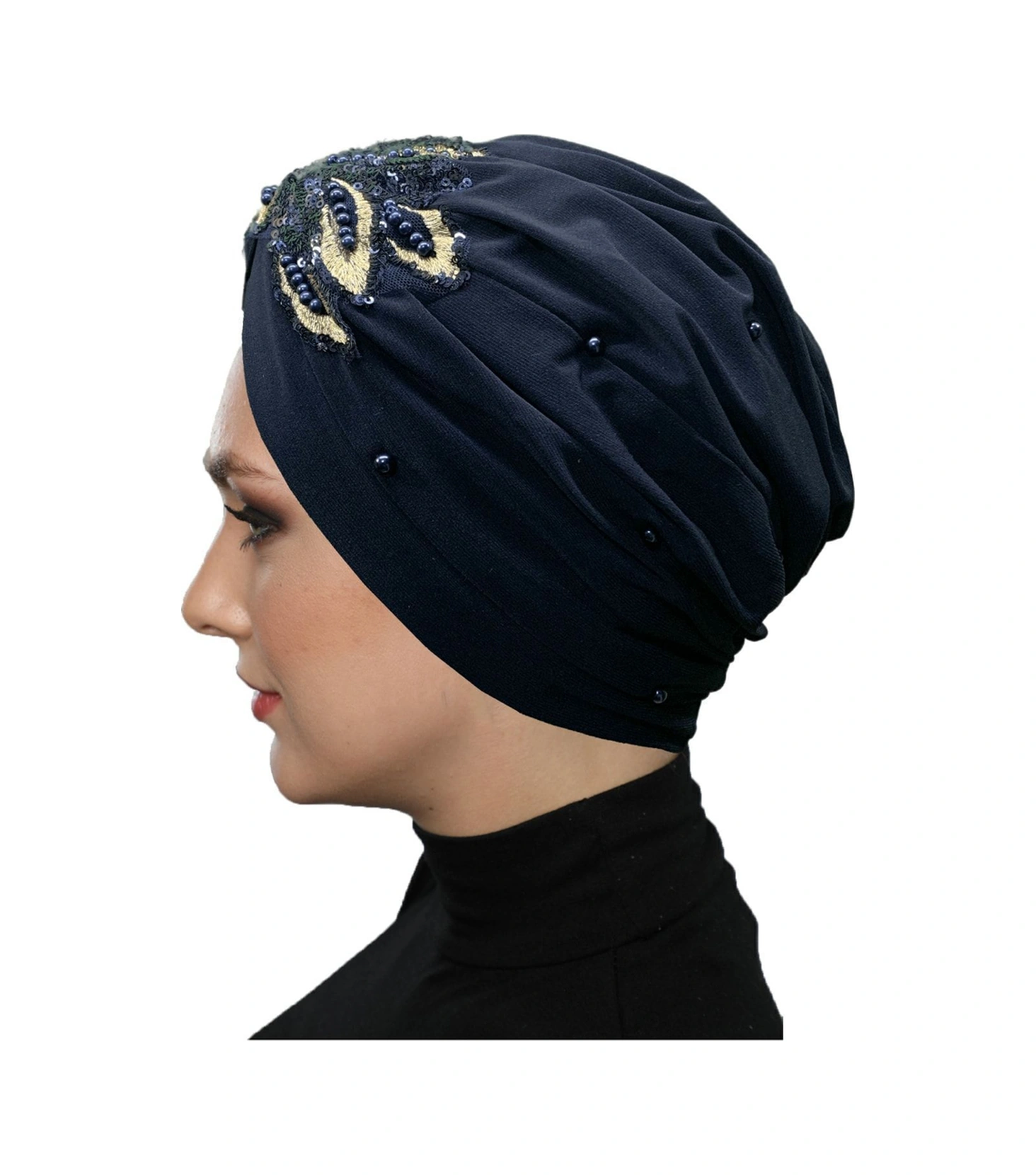 Kopma Astarlı Işlemeli Lacivert Payetli Yaprak Motifli Hazır Türban Tesettür Abiye Bone Lacivert Yaprak