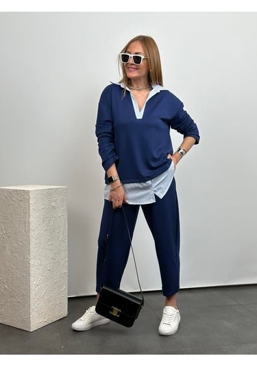 Polo Yaka Gömlekl Detay Salaş Balon Pantolunlu Ikılı Takım mavi