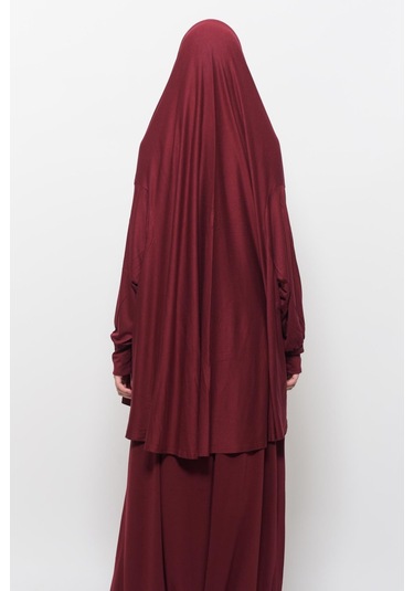 Pratik 2 Parça Pamuklu Yarasa Kollu Başörtülü Tesettür Namaz Elbisesi Koyu Bordo Antrasit