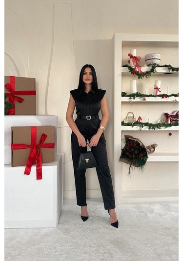 Ahes Shopping Siyah Vatkalı Kemerli Tulum Siyah