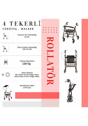 Medkimsan Rolatör | 4 Tekerli Yürüteç | 130 kg Taşıma Kapasiteli | Sepetli Lüx