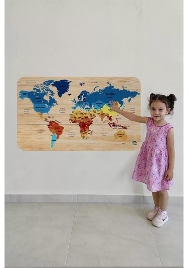 Ahşap Görünümlü Eğitici Detaylı Atlası Dünya Haritası Duvar Sticker -60x105-3856 Renkli