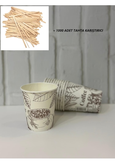 8 Oz Karton Bardak Koli İçi 1000 Adet + 1000 Adet Tahta Karıştırı