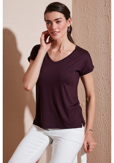 Lela V Yaka Rahat Kesim Yırtmaçlı Bayan Bluz 5862000 Vişne