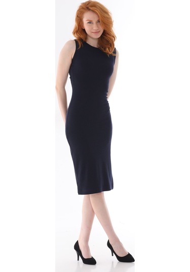 Kallima Lacivert Kolsuz Diz Altı Yırtmaçlı Fitilli Esnek Elbise