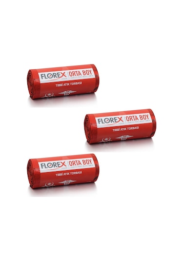 Florex Tıbbi Atık Çöp Poşeti Orta Baskılı Kırmızı 25 Yaprak 3 Rulo 55 x 60 CM