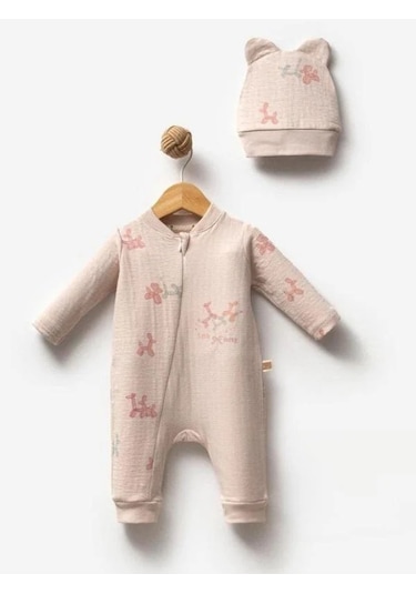 Kız Bebek Desenli Şapkalı Tulum-15304 Bej