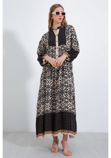 Bigdart Kadın Siyah Krem Desenli Viskon Tesettür Elbise 2423 001