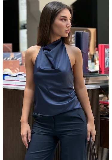 Madmext Lacivert Halter Yaka Saten Bluz Mg2685