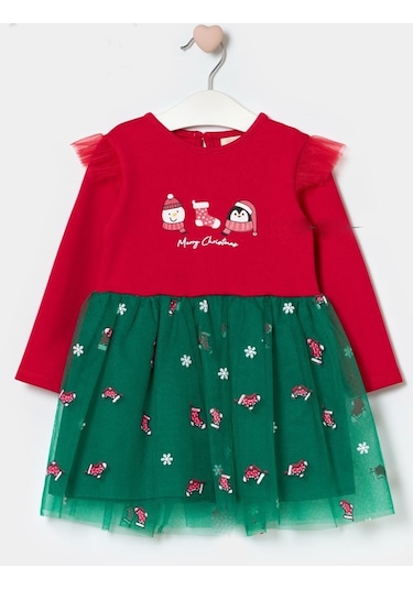 Kız Çocuk Snowman And Penguın Tüllü Yılbaşı Elbise Nbk-24915 Kırmızı