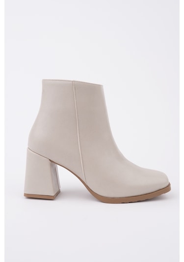 Muggo Divina Küt Burun Kalın Topuklu Fermuarlı Kadın Bot Ten