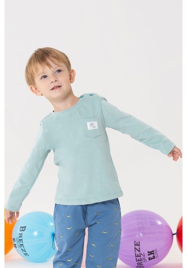 Breeze Erkek Bebek Uzun Kollu Tişört Cool Yazı Armalı Cepli 9 Ay-3 Yaş, Su Yeşili Su Yeşili