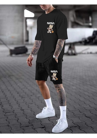 Siyah Nasa Kedi Baskılı Şort T-shirt Takım Siyah