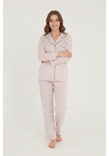 Luxury Viscose Pudra Pembe Minik Kalp Desenli Kadın Uzun Kollu Pijama Takımı 42545 Pembe