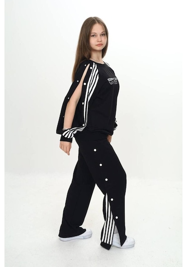 Unisex Çocuk 2 İplik Çıtçıtlı Alt&üst Eşofman Takımı %100 Pamuk Rahat Kalıp-299-eşt-0006 Siyah