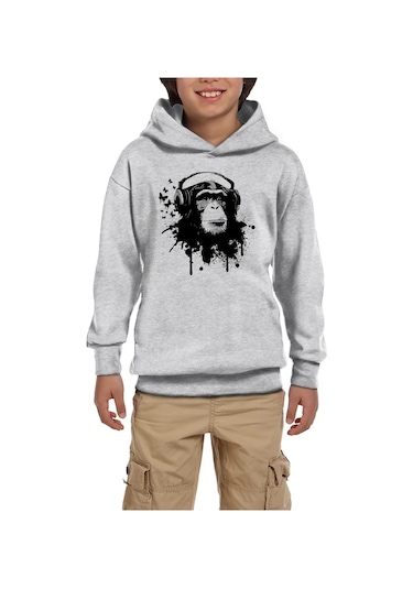 Maymun Ve Müzik Gri Çocuk Kapşonlu Sweatshirt