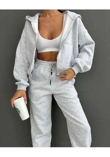 Düz Basic Hırka Eşofman Altı Jogger Alt Üst Takım - Gri Fermuarlı Oversize Kapüşonlu Gri