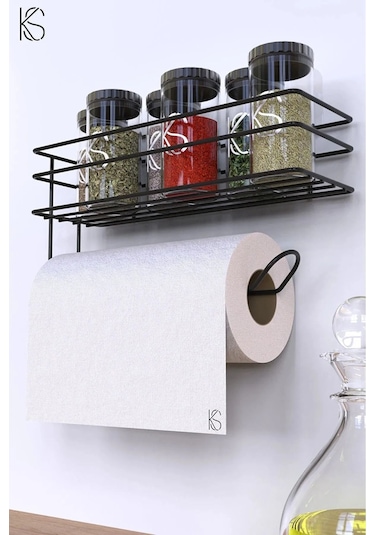 Siyah Yapışkanlı Mutfak Ve Banyo Rafı Ve Rulo Havlulu Baharatlık Rafı 2'li Set Siyah