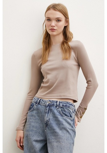 Kolu Düğmeli Bluz Vizon Vizon