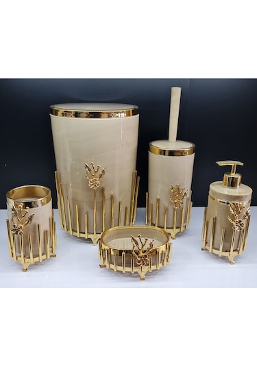5 Parça Akrilik Yuvarlak Banyo Seti Krem Mermer Gold Japon Güllü Krem