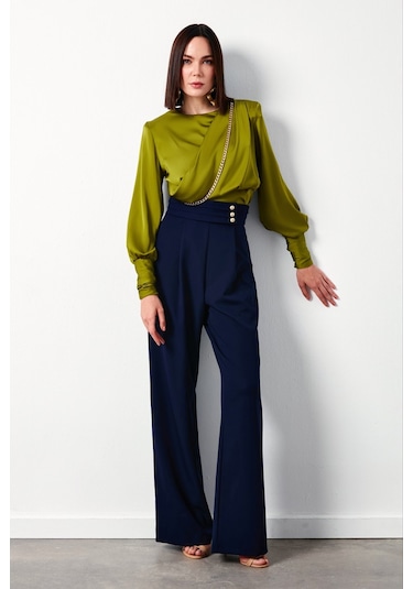 Sateen Bel Detaylı Pantolon - Lacivert-134350 Lacivert