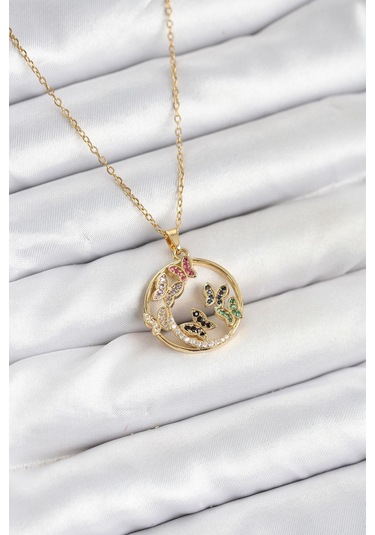 316l Çelik Zincir Gold Renk Zirkon Taşlı Kelebekli Kadın Kolye - Prt3500eb09332-95254 altın