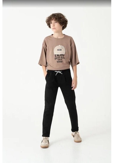 Duble Paça Kemer Düğmeli Erkek Çocuk Eşofman Altı 7435s Siyah