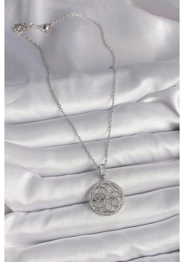 316l Çelik Gümüş Renk Zincir Zirkon Taşlı Lotus Model Kadın Kolye Çok renkli