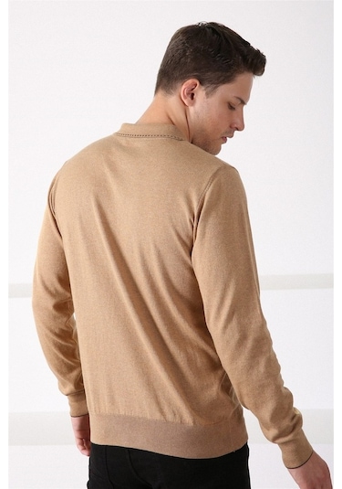 Ferraro Camel Polo Yaka Fermuarlı Erkek Pamuk Kazak Camel