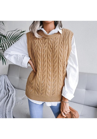 Kadın Sonbahar Kış Bisiklet Yaka Kesim Düz Renk Kolsuz Yaprak Örgü Tank Kazak Sl Haki