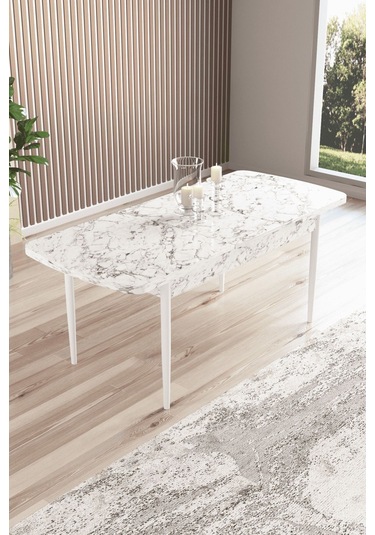 Ebrar Serisi 80x132 Açılabilir Mdf Doğal Gürgen Ayak Beyaz Mutfak Masası,yemek Masası Beyaz Mermer Desen