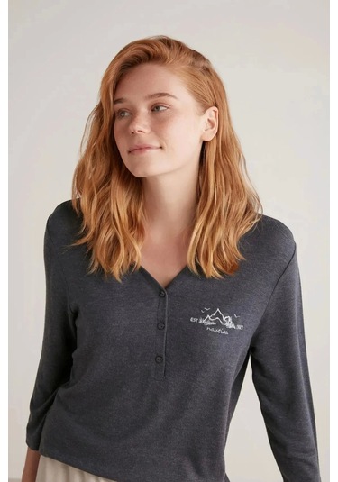 Nautıca W604 Kadın Patlı V Yaka Uzun Kollu Pijama Takımı Lacivert