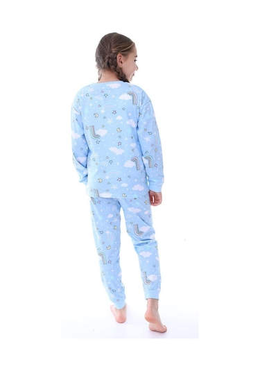 Kız Çocuk Gökkuşağı Desenli Uzun Kollu Pijama Takımı-1076 Mavi