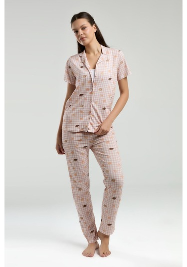 Roly Poly Kadın Gömlek Yaka Önden Düğmeli Kısa Kol Pijama Takım Beyaz
