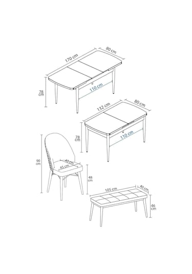 Mona Meşe 80x132 Açılabilir Mdf Masa Yemek Odası Takımı, Mutfak Takımı 4 Sandalye, 1 Bench Meşe Masa - 4+1 Gri - Ceviz Ayak