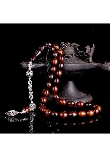 925 Ayar Gümüş Püsküllü Ateş Kehribar Tesbih