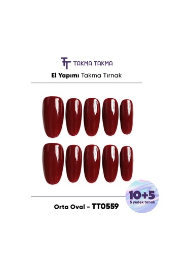 15'li Kırmızı Kısa Oval Tt0559 Tekrar Kullanılabilir El Yapımı Protez Takma Tırnak L