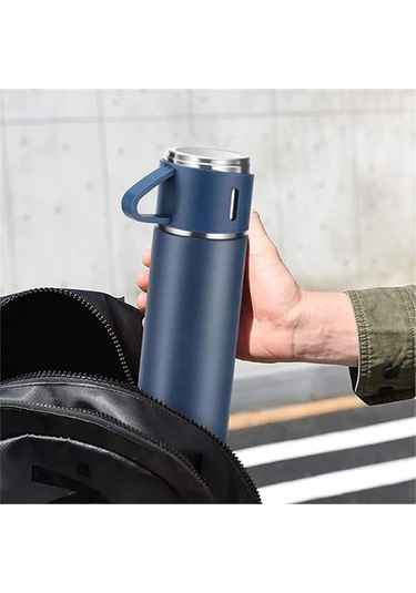 Kişiselleştirilebilir 3 Bardaklı Çelik Termos 05 Lt Mavi Mavi