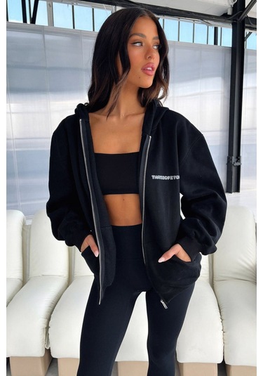 Thatsofetch Minimal %100 Pamuk Hırka - Siyah Oversize Kışlık Kapüşonlu İçi Polarlı Fermuarlı Siyah
