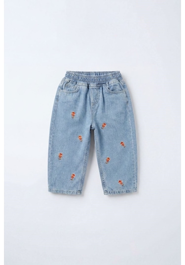 Magu Unisex Çocuk Pamuklu Balon Nakışlı Oversize Kot Pantolon Mavi