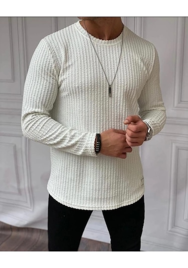 Modefendi Armür Kumaş Pamuklu Çizgi Detaylı Sweatshırt Beyaz